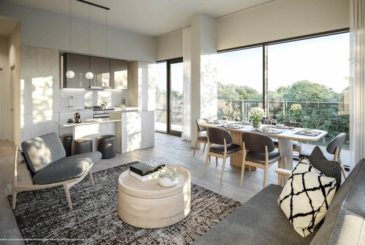 Rendering of Perch Condos suite living and dining room dark