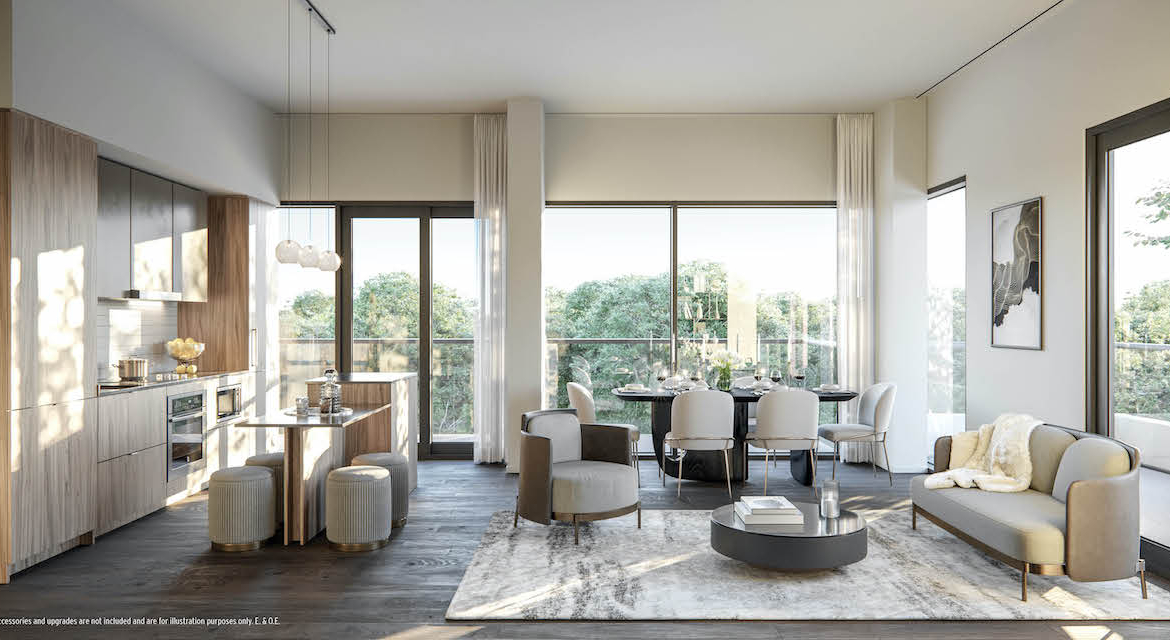 Rendering of Perch Condos suite living and dining room light
