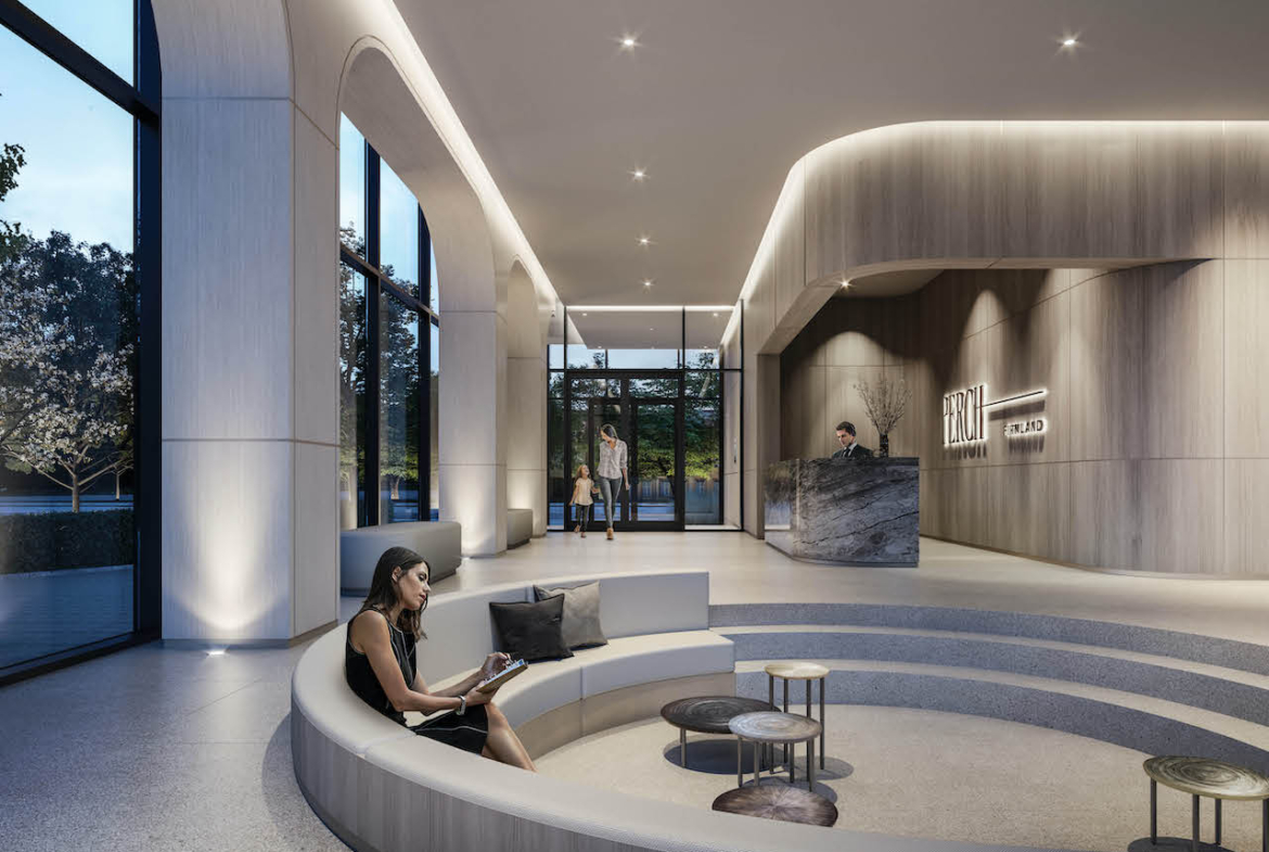 Rendering of Perch Condos lobby with concierge