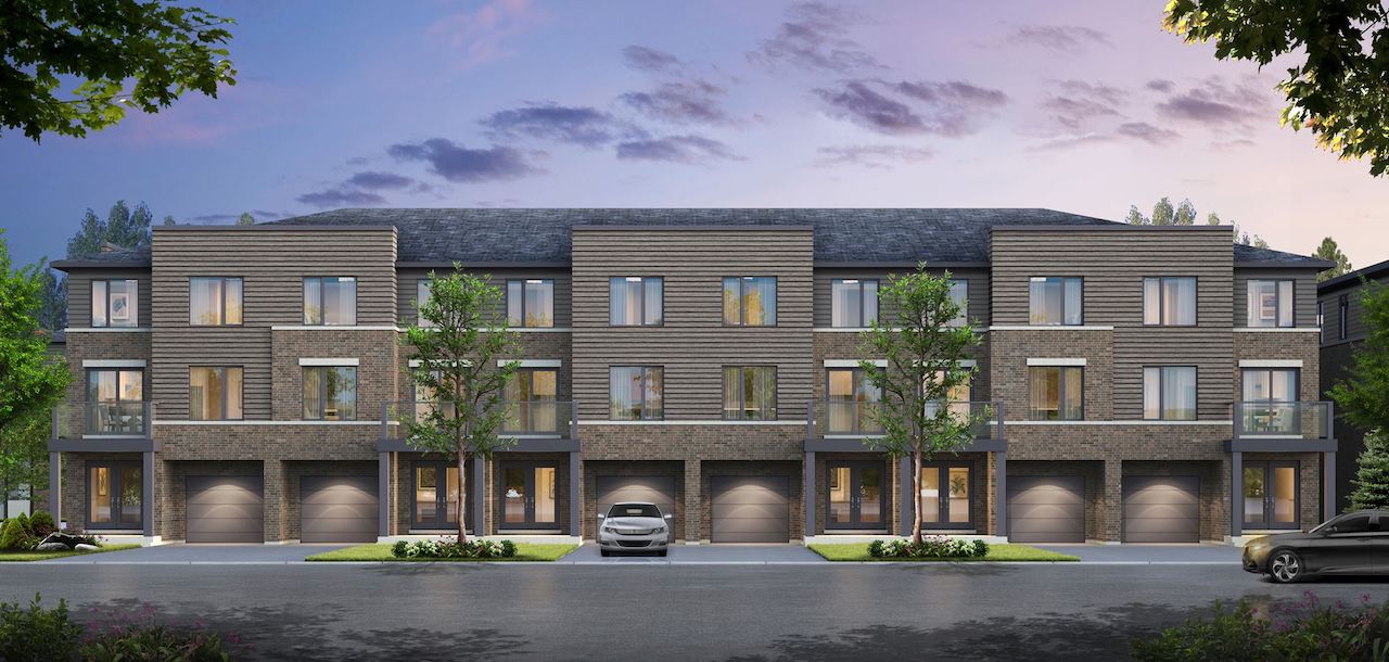 Rendering of the Roxboro towns exterior back-facing with garages.