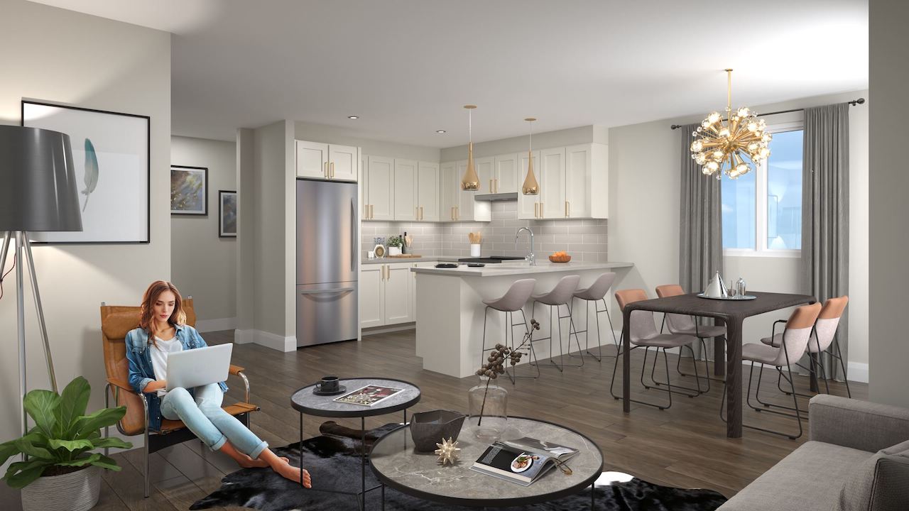 Rendering of the Roxboro towns interior open-concept living.