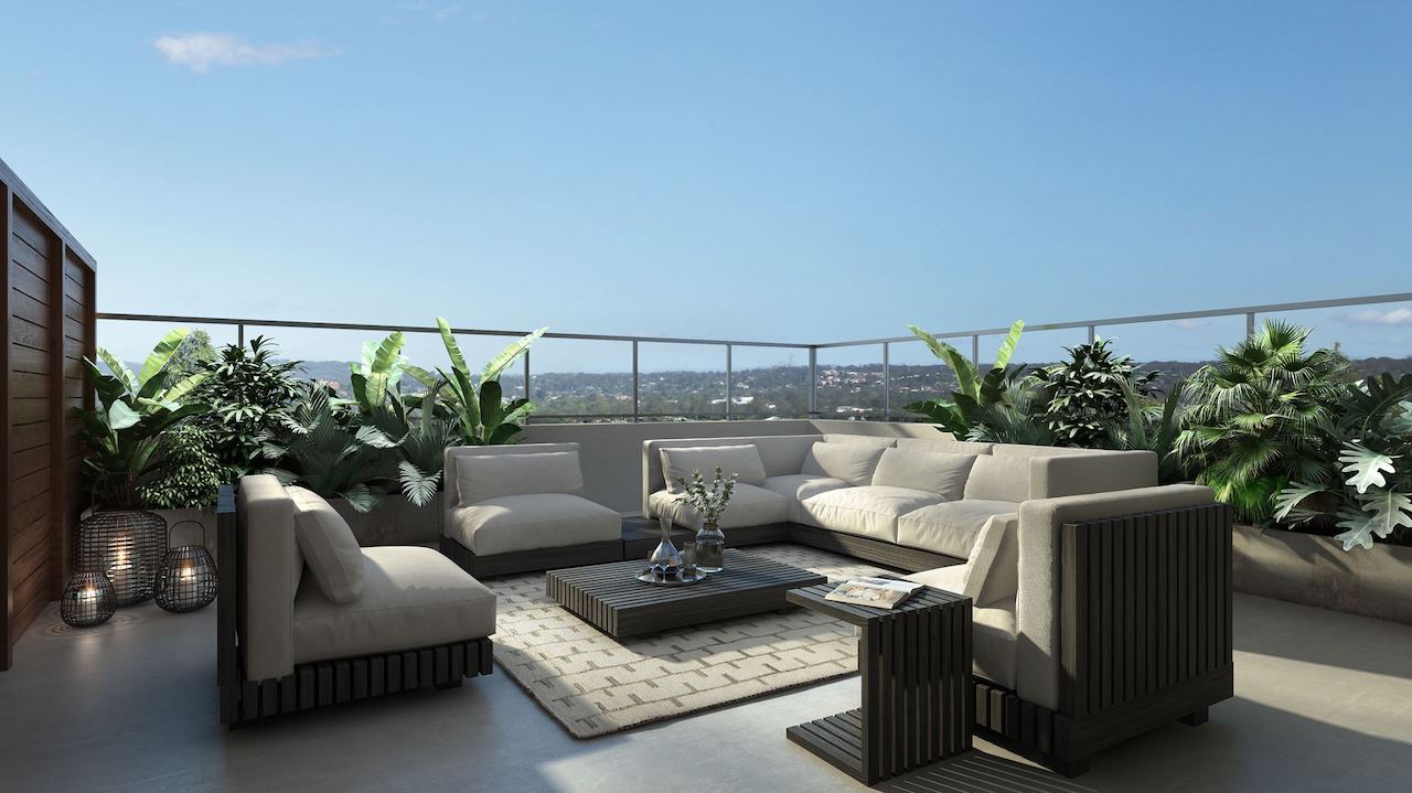 Exterior rendering of The Boho Condos terrace.