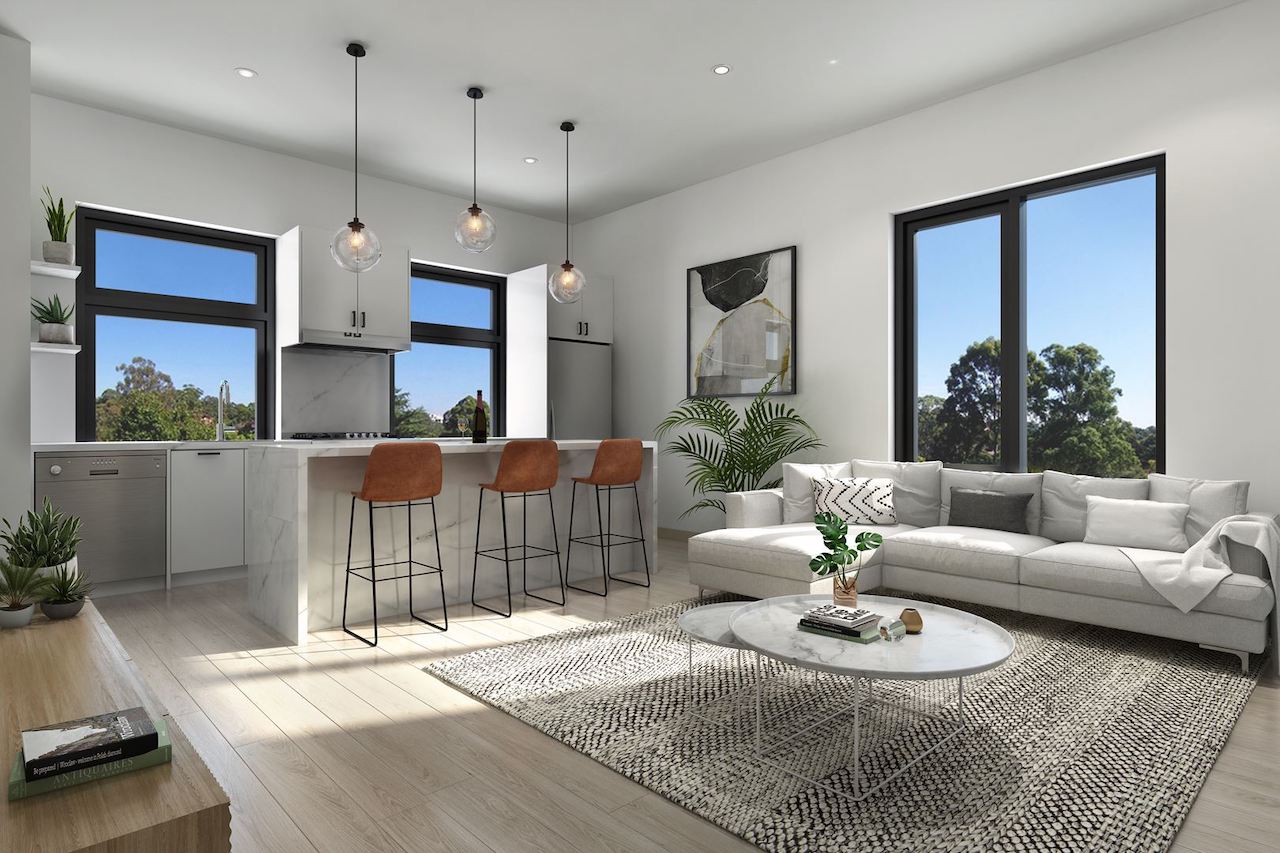 Interior rendering of The Boho Condos suite living area with kitchen.