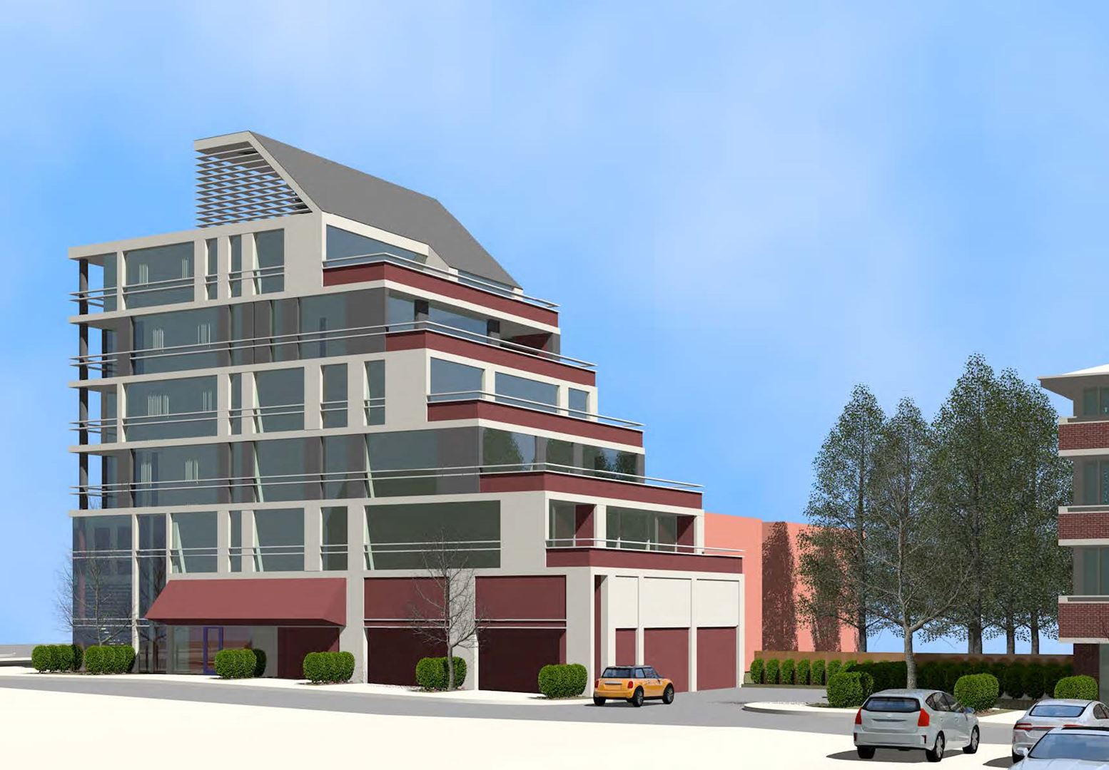 Exterior side-view rendering of 3471 Lake Shore Boulevard West Condos in Etobicoke.