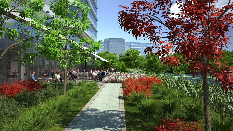 Rendering of 4050 Yonge Street Condos outdoor seating in lush green environment.