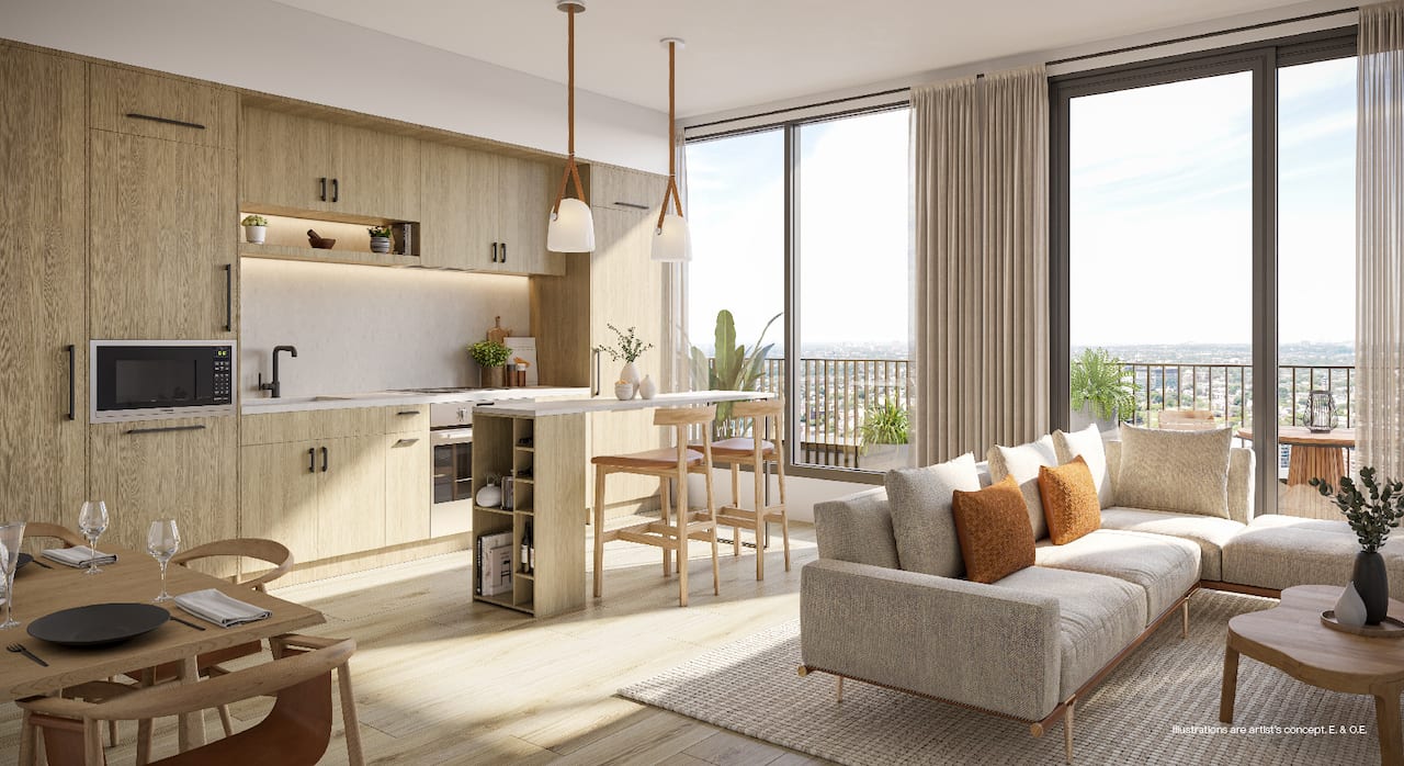 Rendering of Akra Living Condos suite interior kitchen and living room