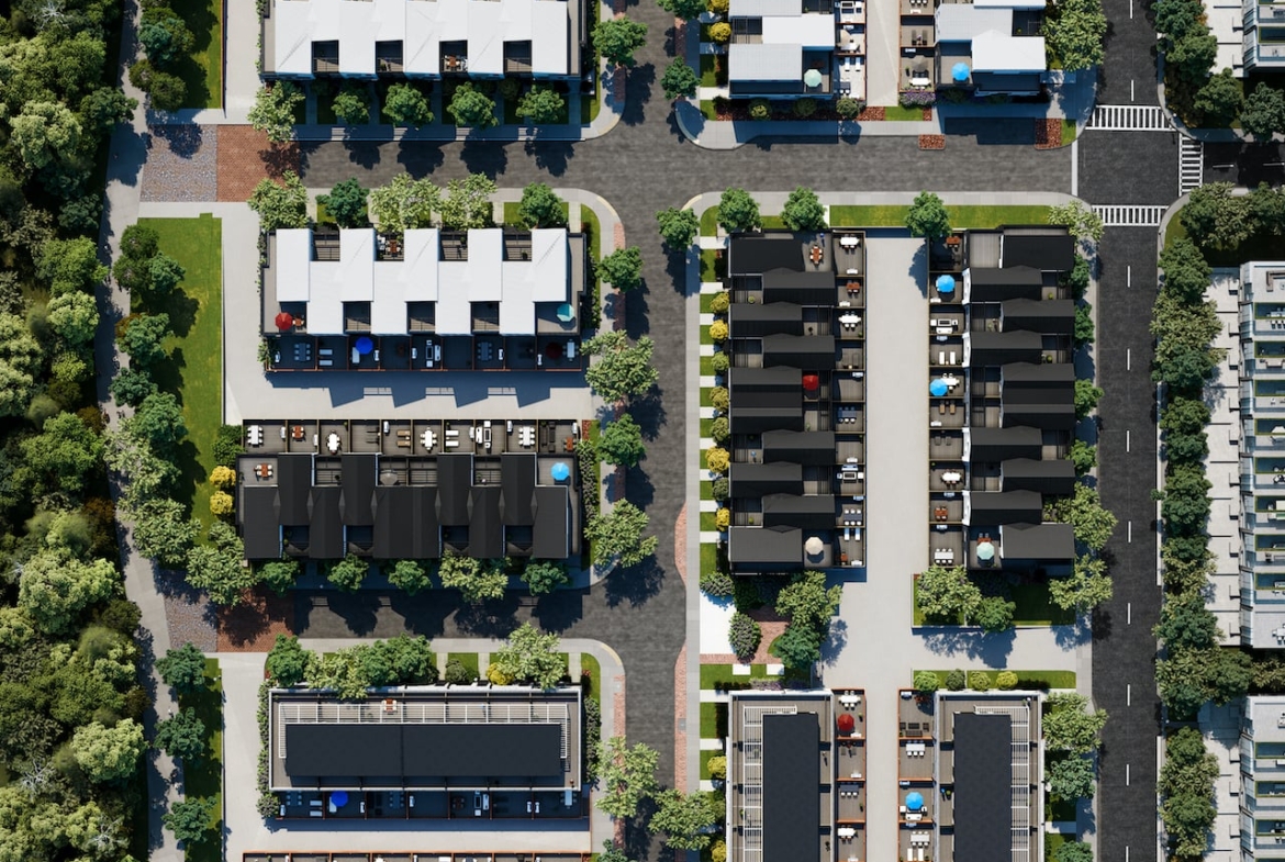 Rendering of Brightwater Towns aerial view towns map