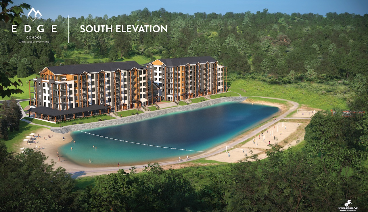 Rendering of Edge Condos At Horseshoe south elevation summer.