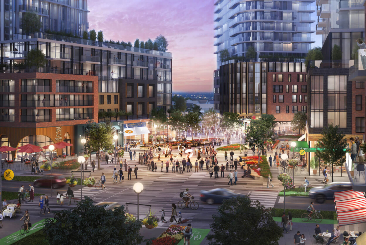 Rendering of Scarborough Junction retail square at night.