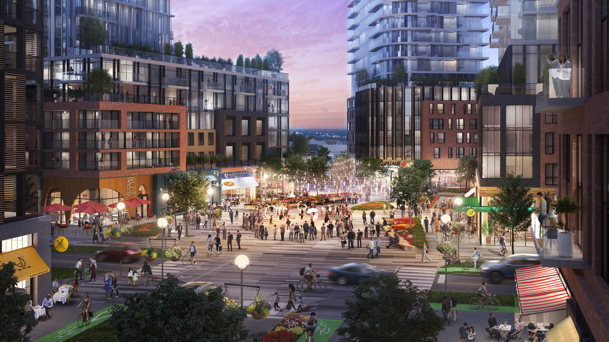 Rendering of Scarborough Junction retail square at night.