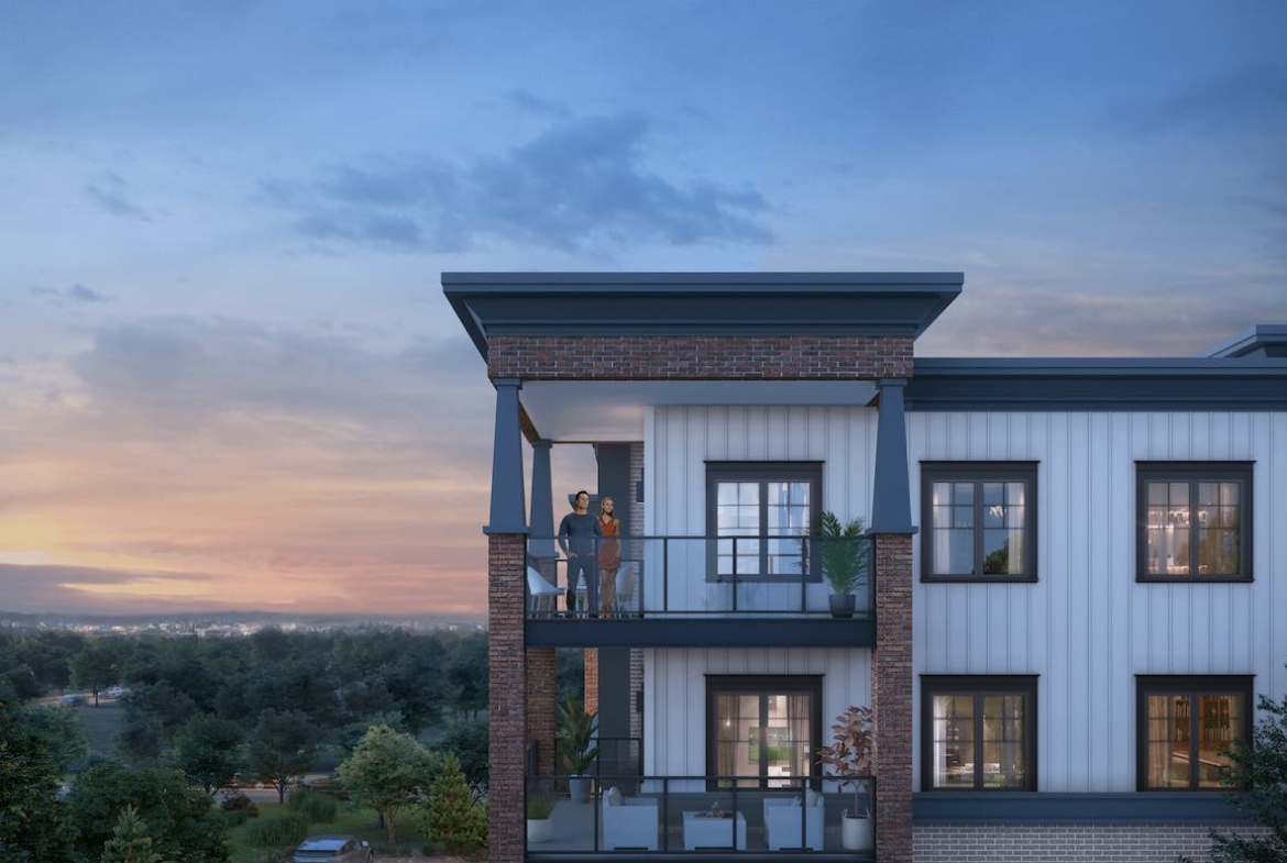 Rendering of The Brix Condos exterior balcony view