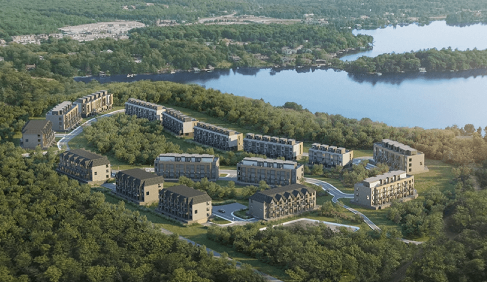Aerial rendering of The Summit Towns development in Hunstville, Muskoka.
