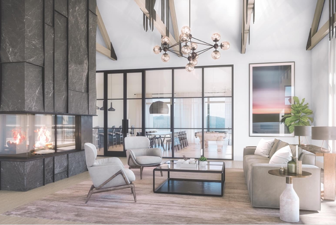 Rendering of The Summit Towns lounge with fireplace.