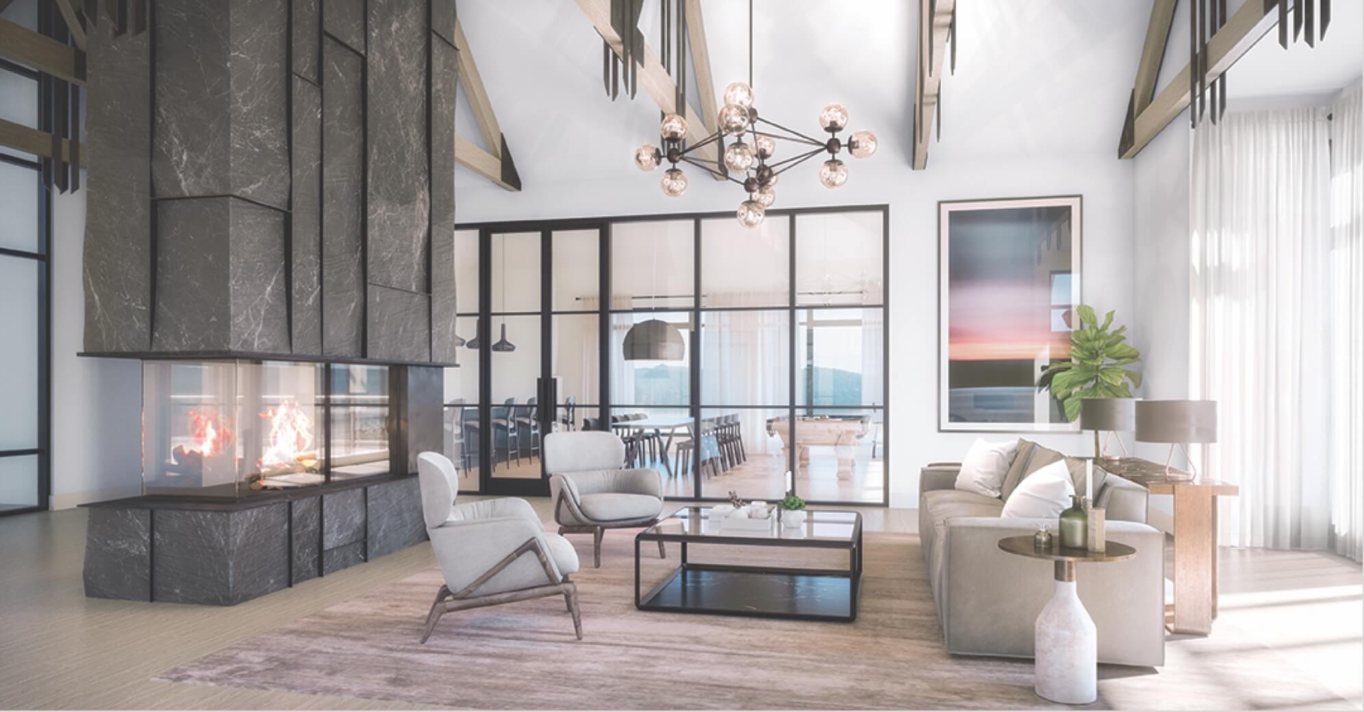 Rendering of The Summit Towns lounge with fireplace.