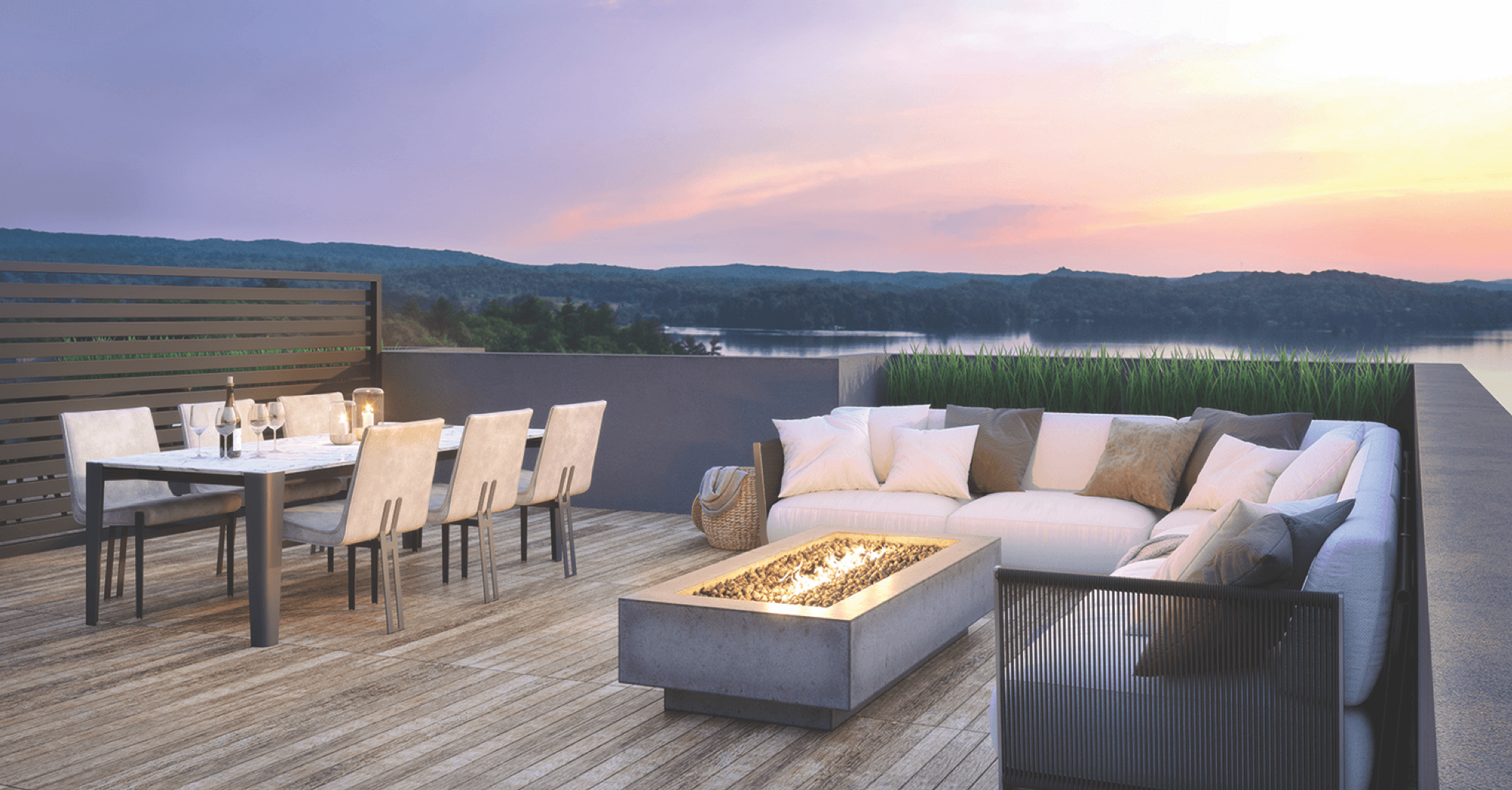 Exterior rendering of The Summit Towns rooftop terrace.