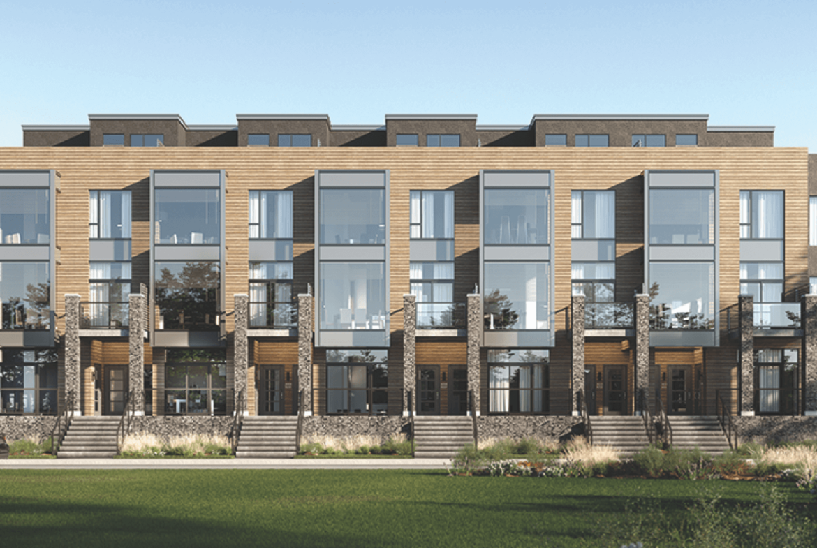 Exterior rendering of The Summit stacked flat roof towns.