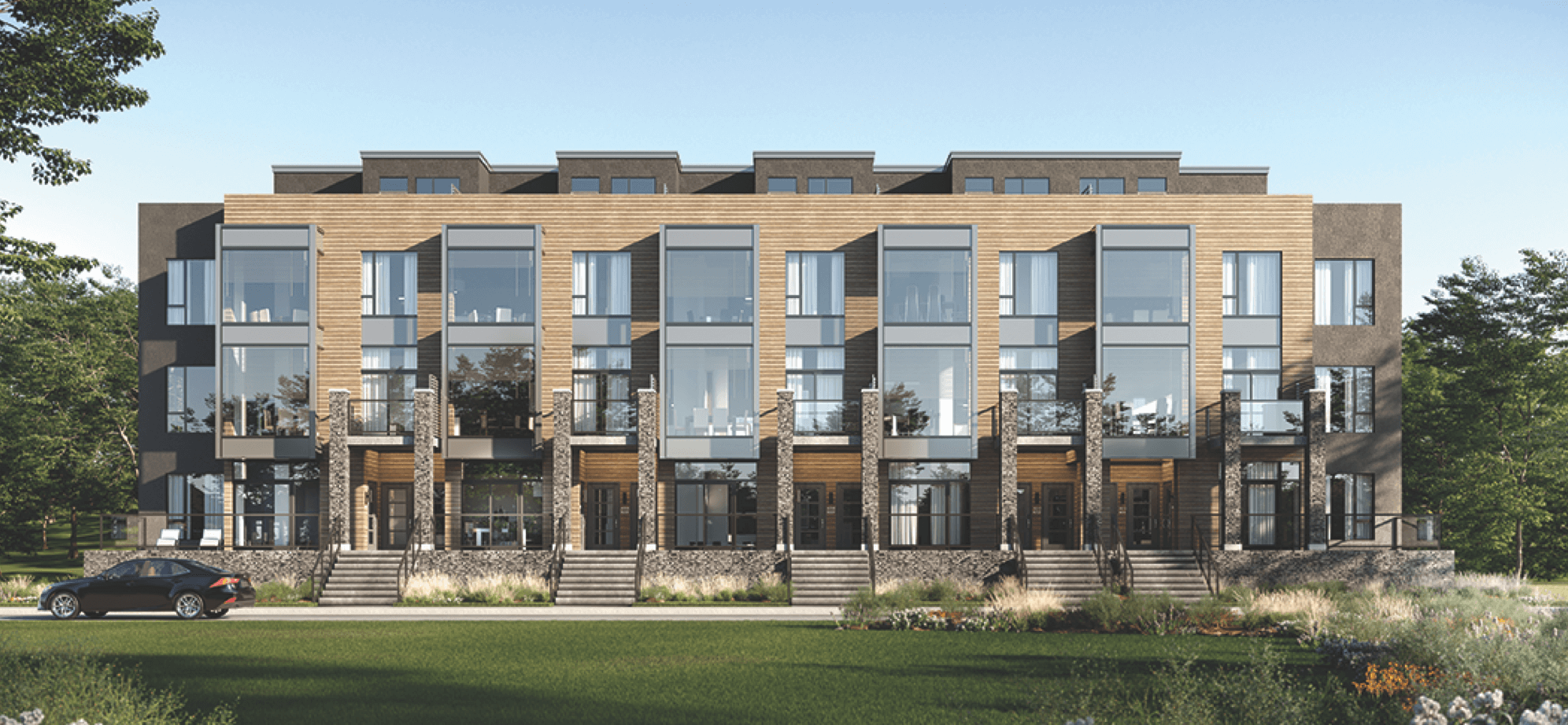 Exterior rendering of The Summit stacked flat roof towns.