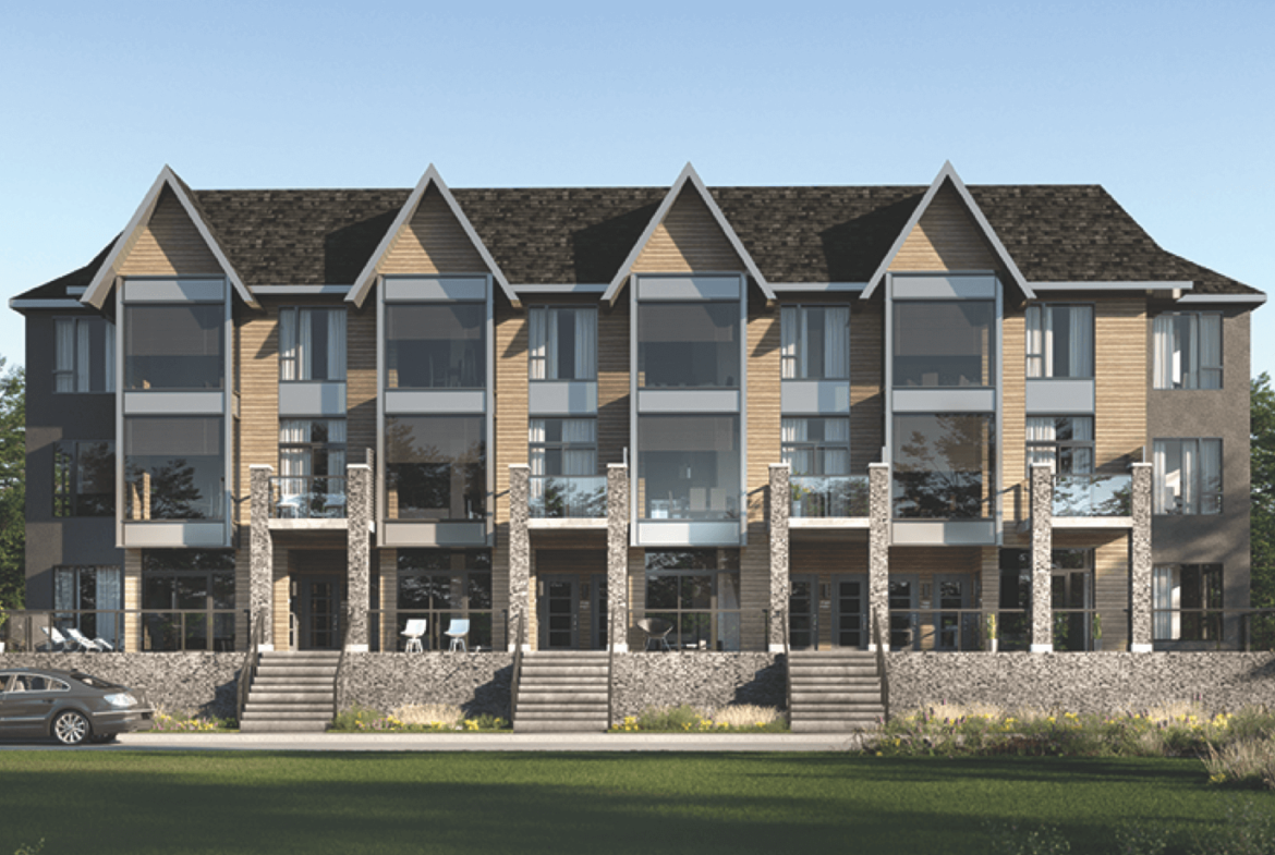 Exterior rendering of The Summit stacked peaked roof towns.