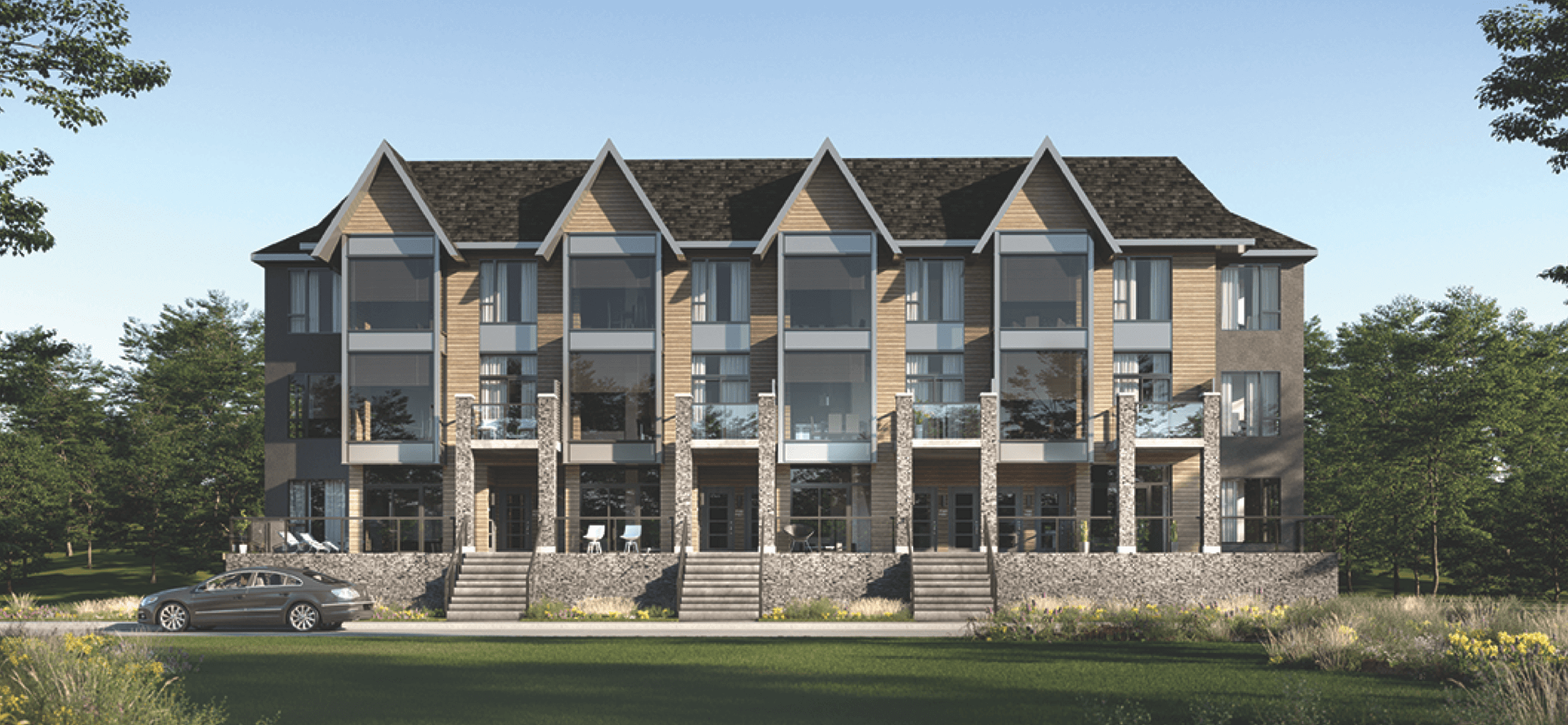 Exterior rendering of The Summit stacked peaked roof towns.