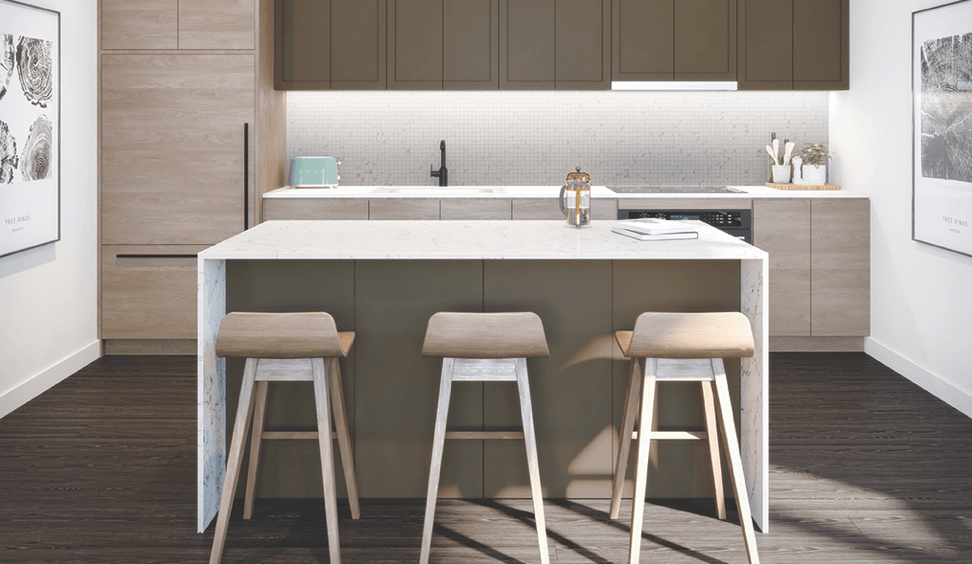 Interior rendering of The Summit Towns stylish kitchen.
