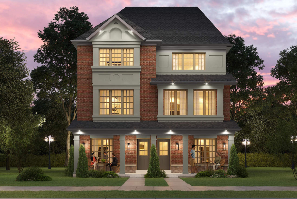 Rendering of The Village at Highland Creek semis exterior at dusk