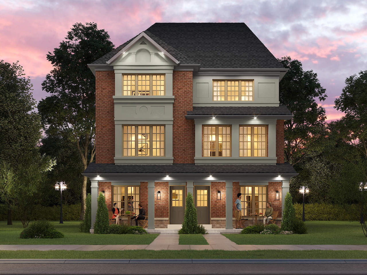 Rendering of The Village at Highland Creek semis exterior at dusk