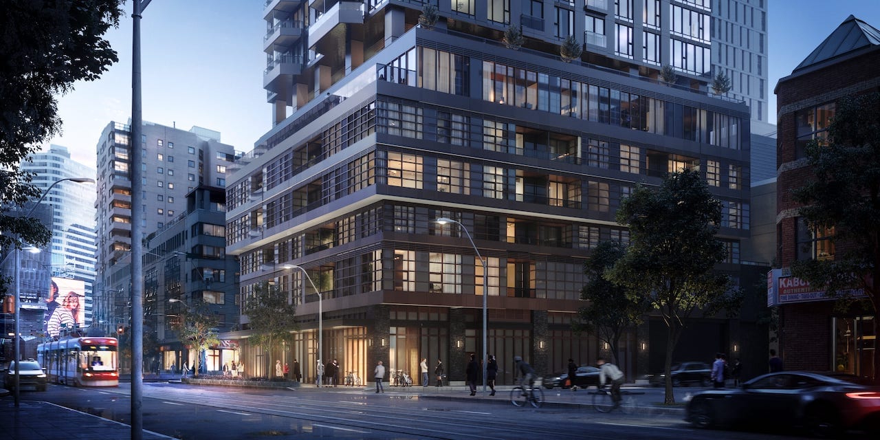 Rendering of Centricity Condos exterior podium view in the evening