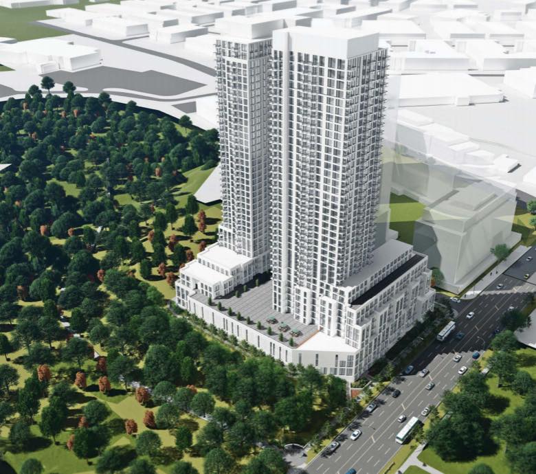 Aerial rendering of 1875 Steeles Condos in Toronto
