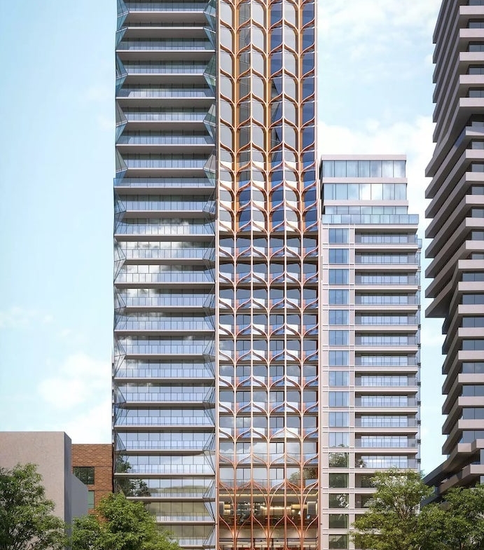 Exterior rendering of 208 Bloor Street West Condos tower full view