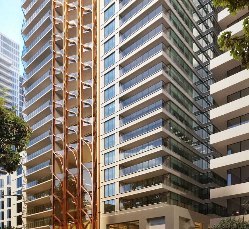 Exterior rendering of 208 Bloor Street West Condos bottom half angled view