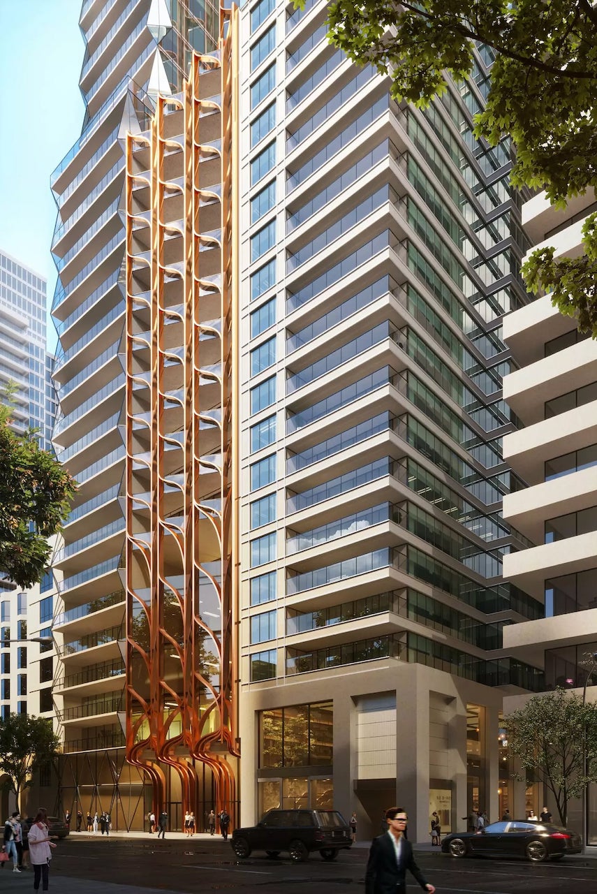 Exterior rendering of 208 Bloor Street West Condos bottom half angled view