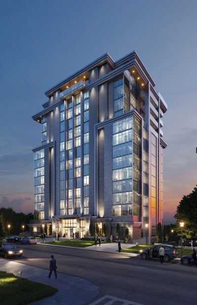Exterior rendering of 217 Dunlop Condos at night.