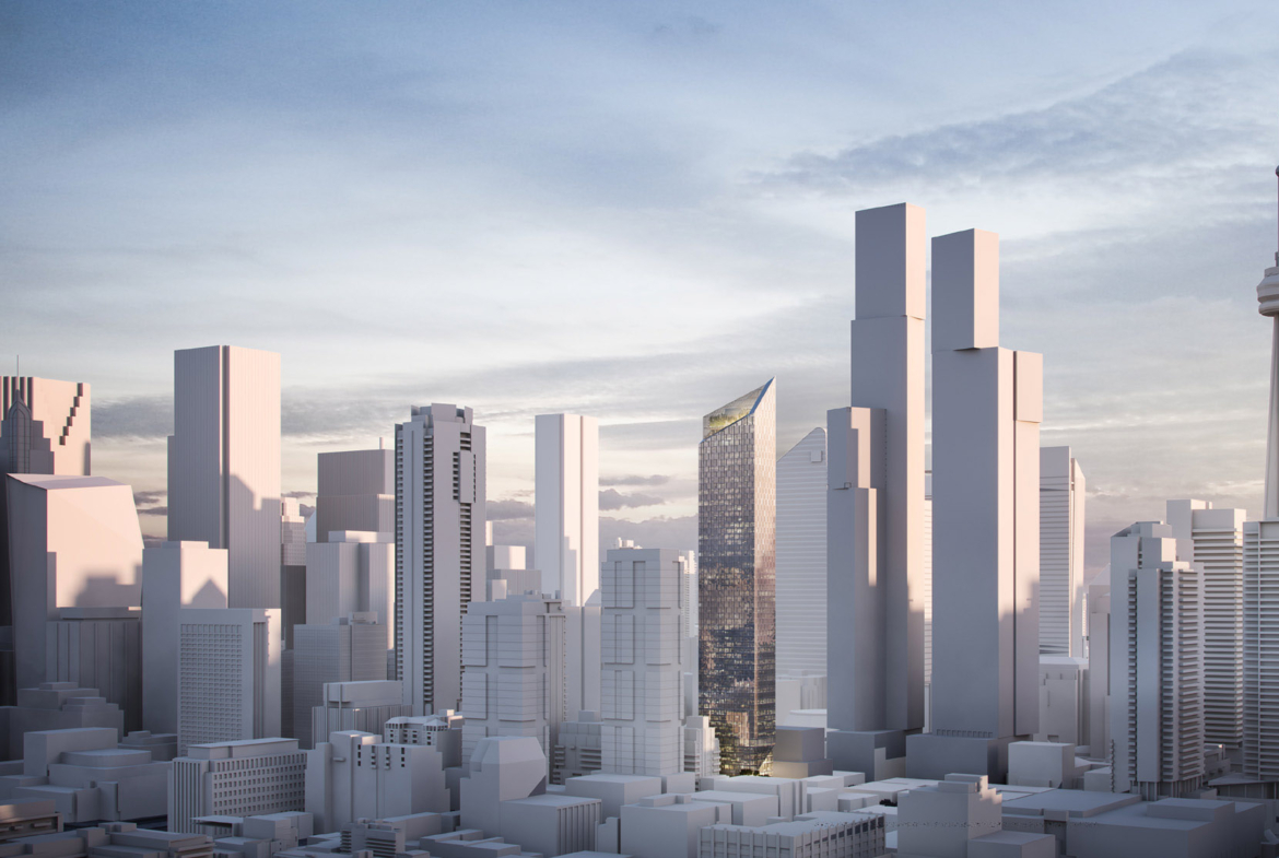 Exterior rendering of 240 Adelaide Condos in Toronto cityscape