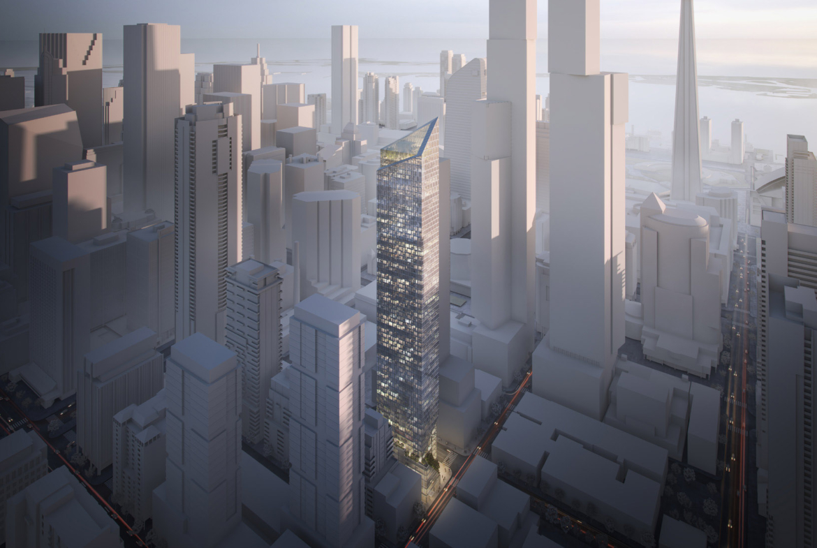 Exterior rendering of 240 Adelaide Condos aerial in Toronto cityscape