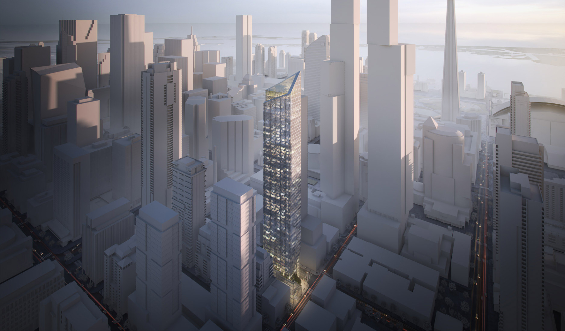 Exterior rendering of 240 Adelaide Condos aerial in Toronto cityscape