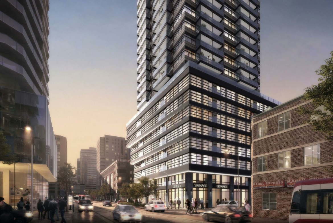 Rendering of 241 Church Street Condos exterior podium view at night