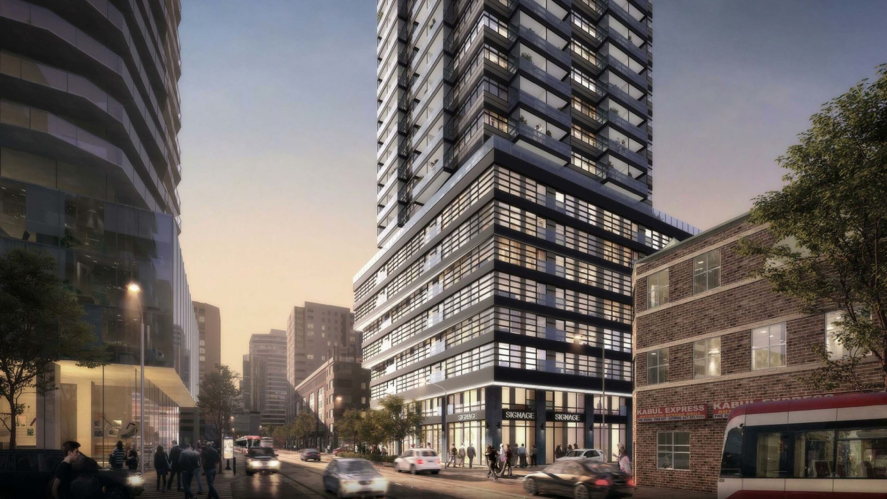Rendering of 241 Church Street Condos exterior podium view at night