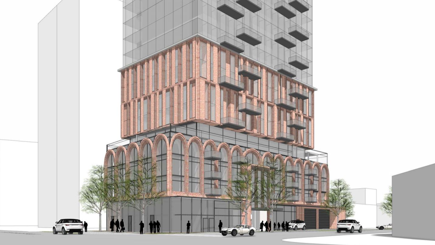 Exterior rendering of 2444 Hurontario Street Condos bottom and streetview