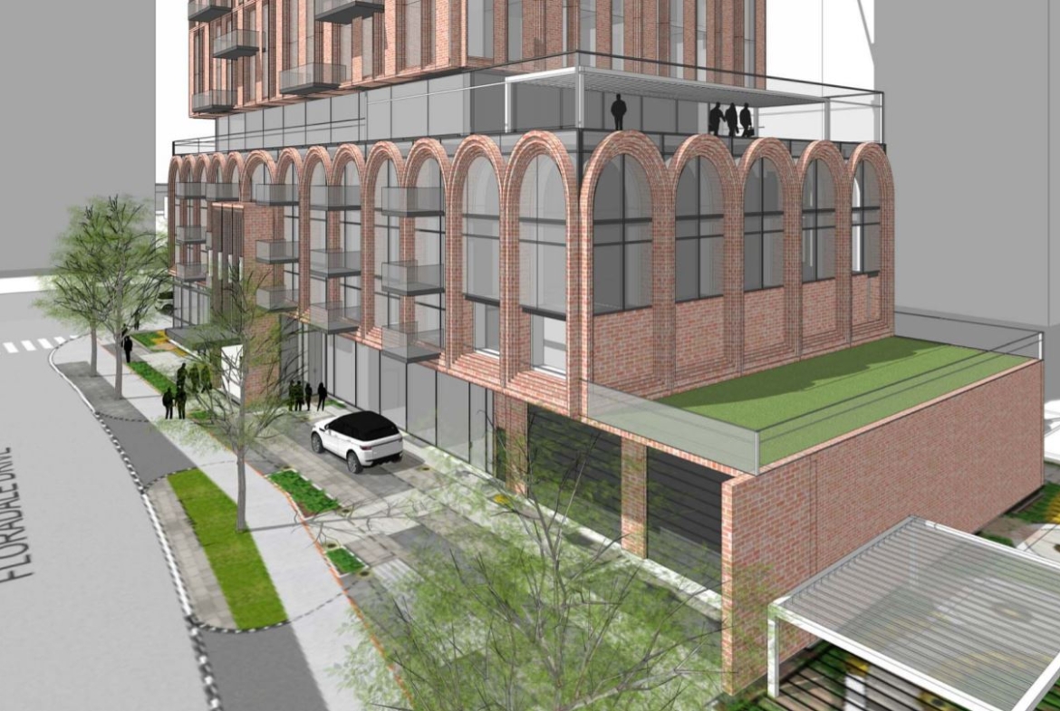 Exterior rendering of 2444 Hurontario Street Condos podium close-up