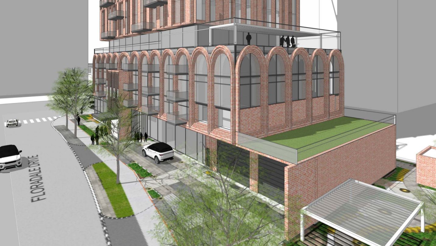 Exterior rendering of 2444 Hurontario Street Condos podium close-up