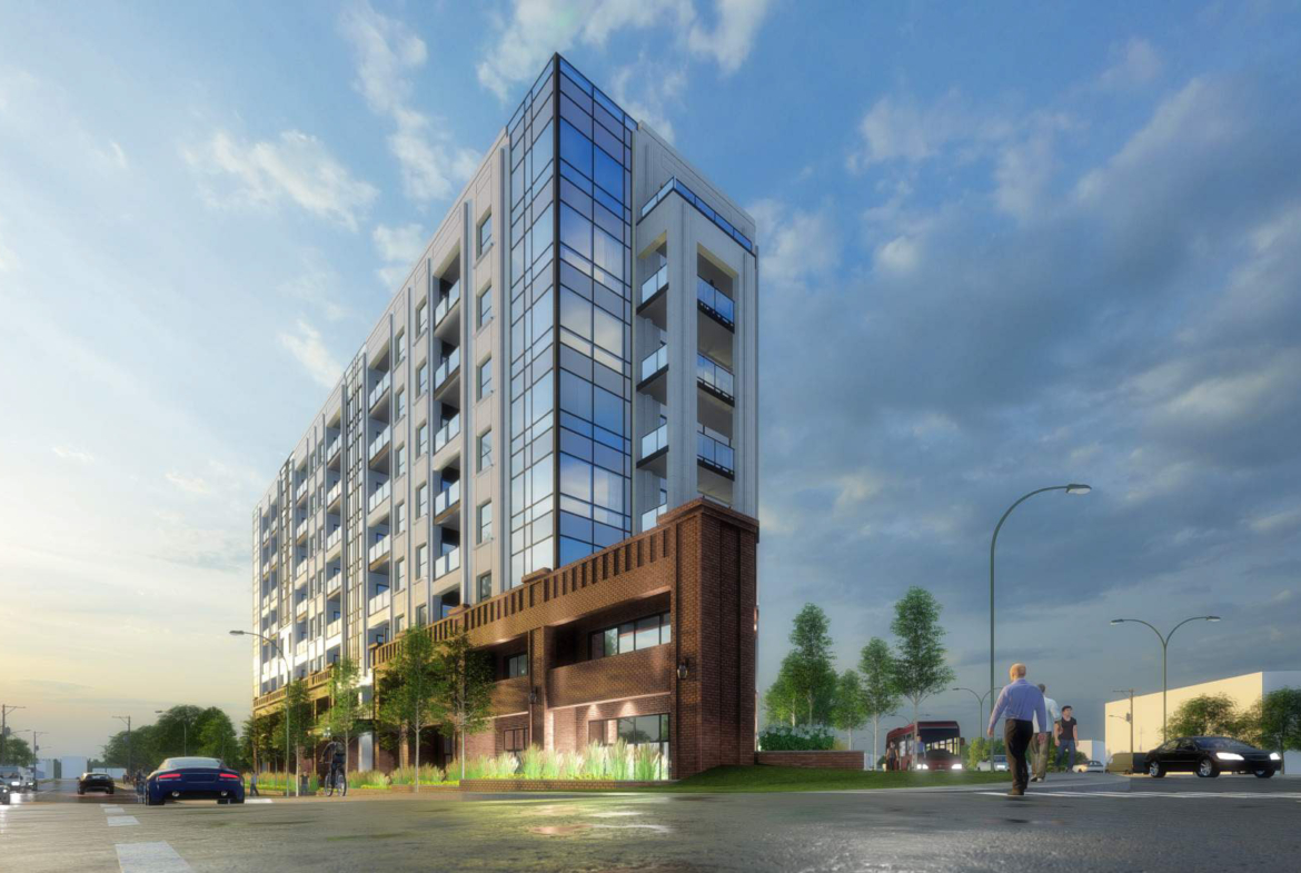 Exterior rendering of 4151 Kingston Road Condos front angled view at dusk