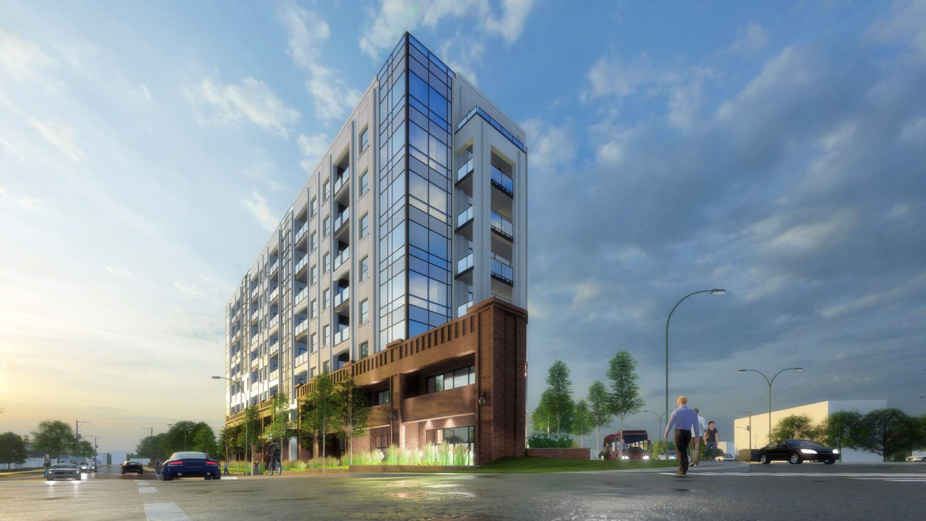 Exterior rendering of 4151 Kingston Road Condos front angled view at dusk