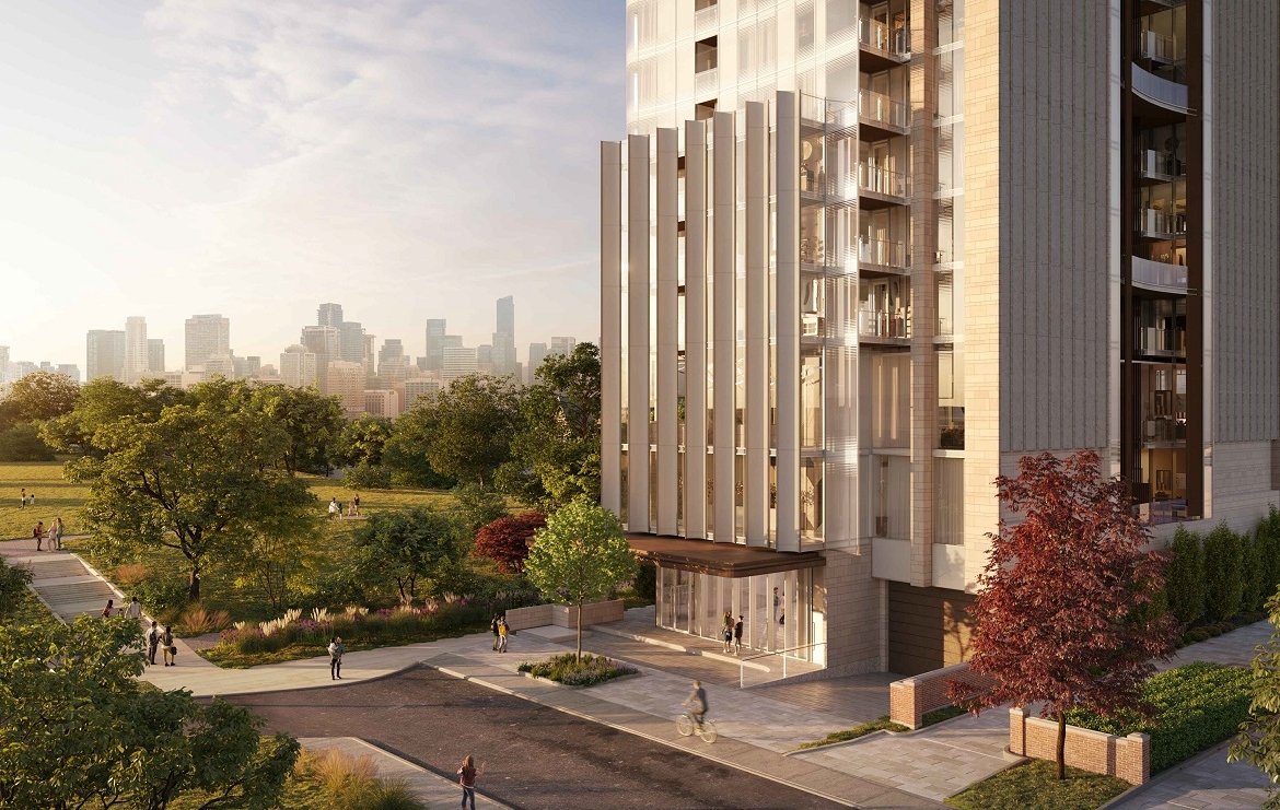 Rendering of 49 Jackes Avenue Condos exterior facing southeast to building entrance