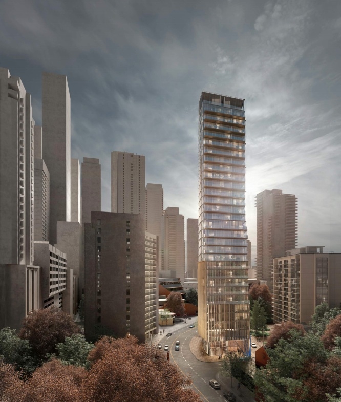 Rendering of 717 Church Street Condos amongst Toronto cityscape