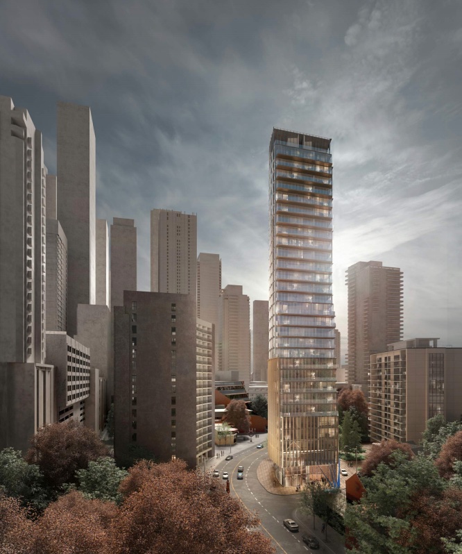 Rendering of 717 Church Street Condos amongst Toronto cityscape