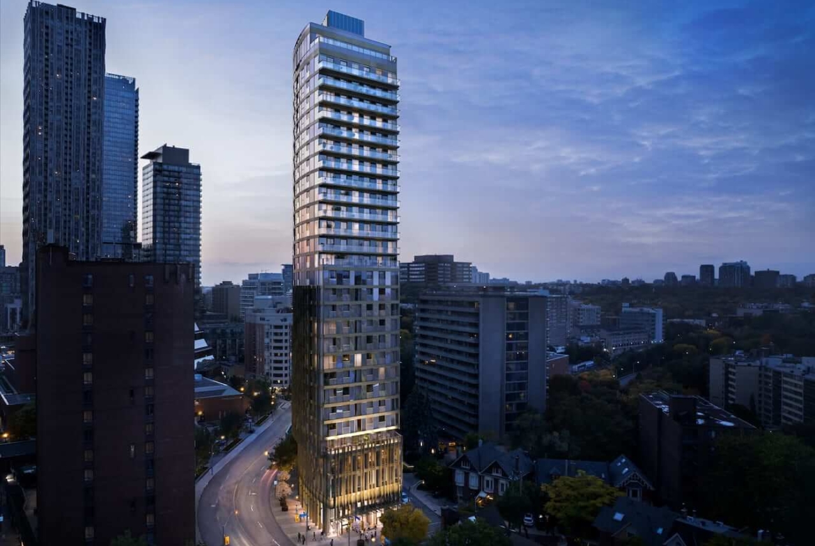 Rendering of Park Road Condos exterior at dusk