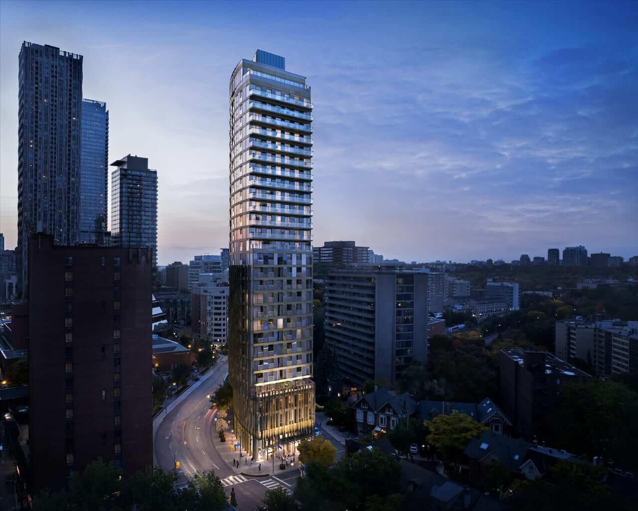 Rendering of Park Road Condos exterior at dusk