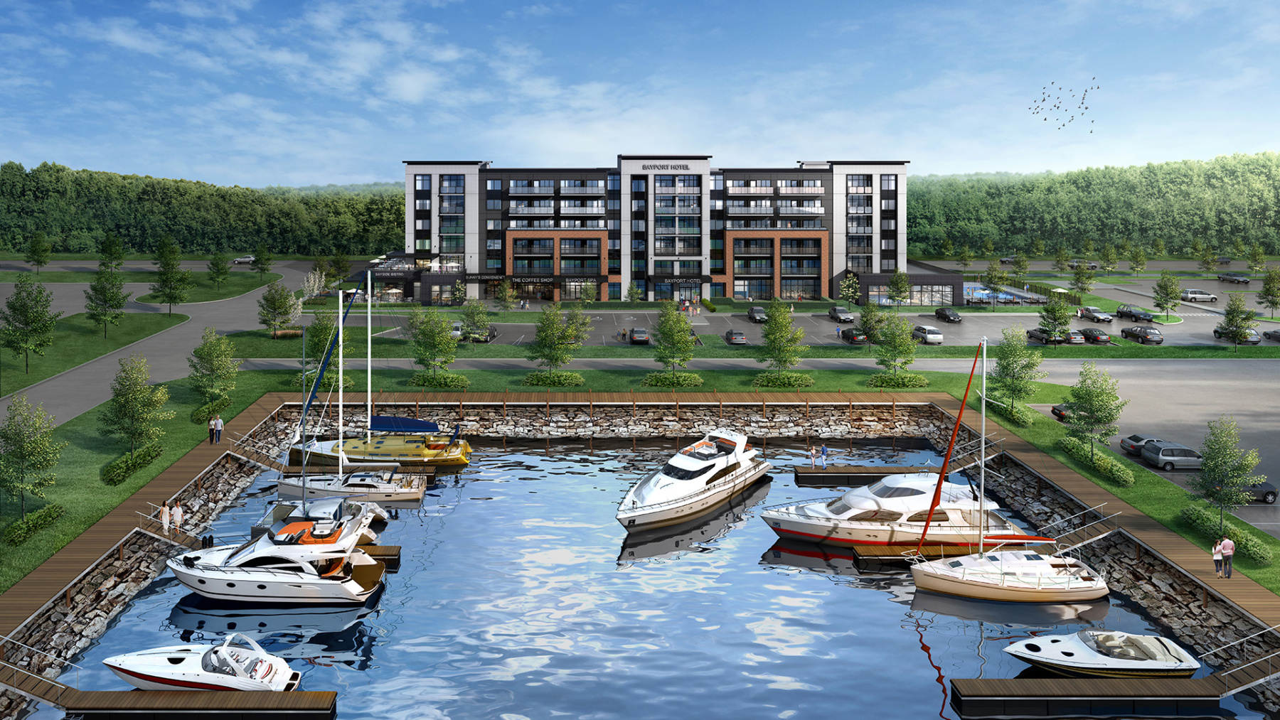 Exterior rendering of Bay Port Resort Condos in Midland
