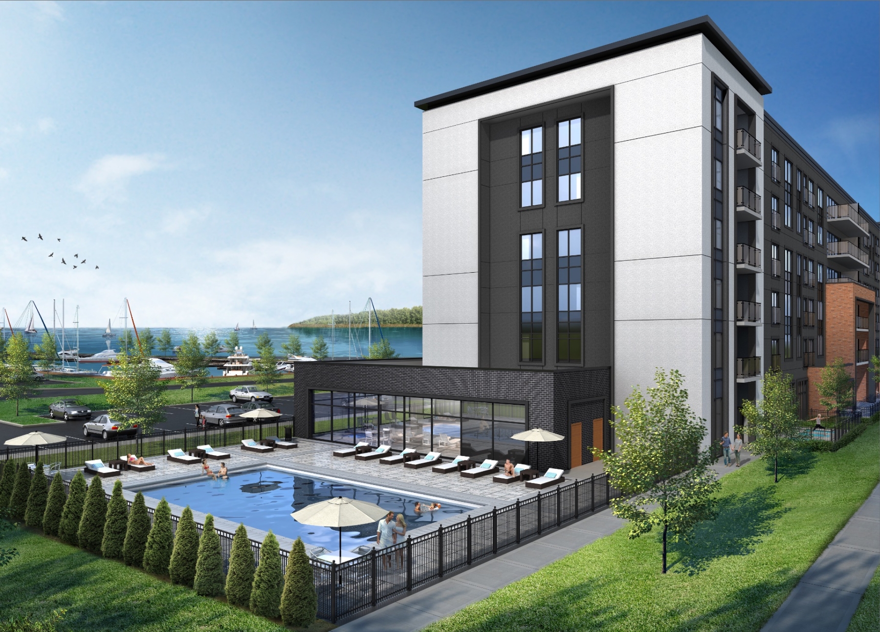 Exterior rendering of Bay Port Resort Condos with swimming pool