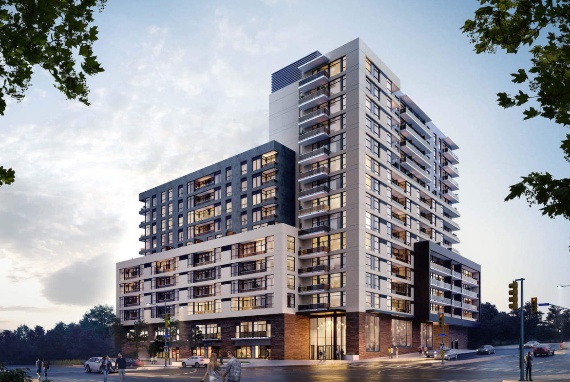 Exterior rendering of Elle Condos at dusk